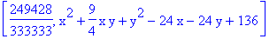 [249428/333333, x^2+9/4*x*y+y^2-24*x-24*y+136]